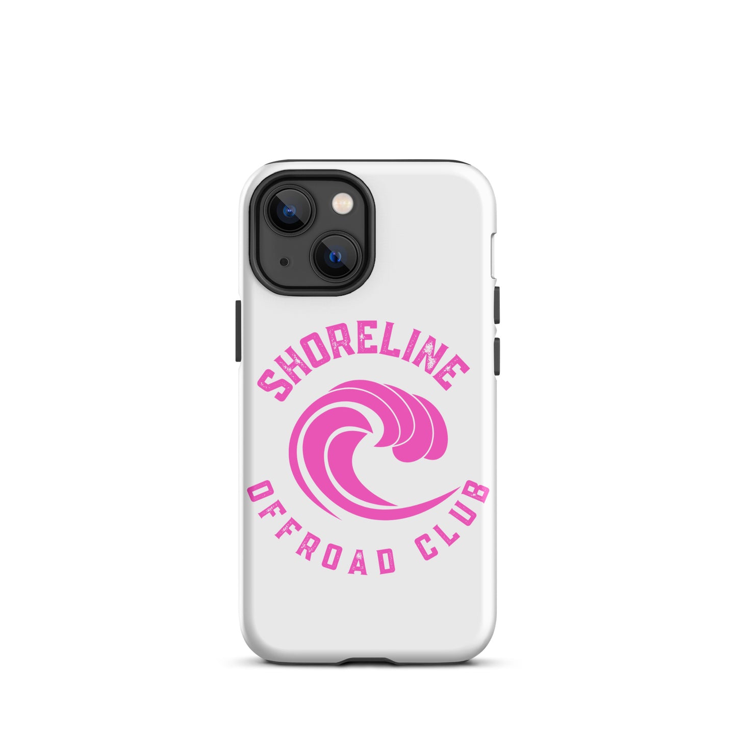 a white phone case with a pink logo