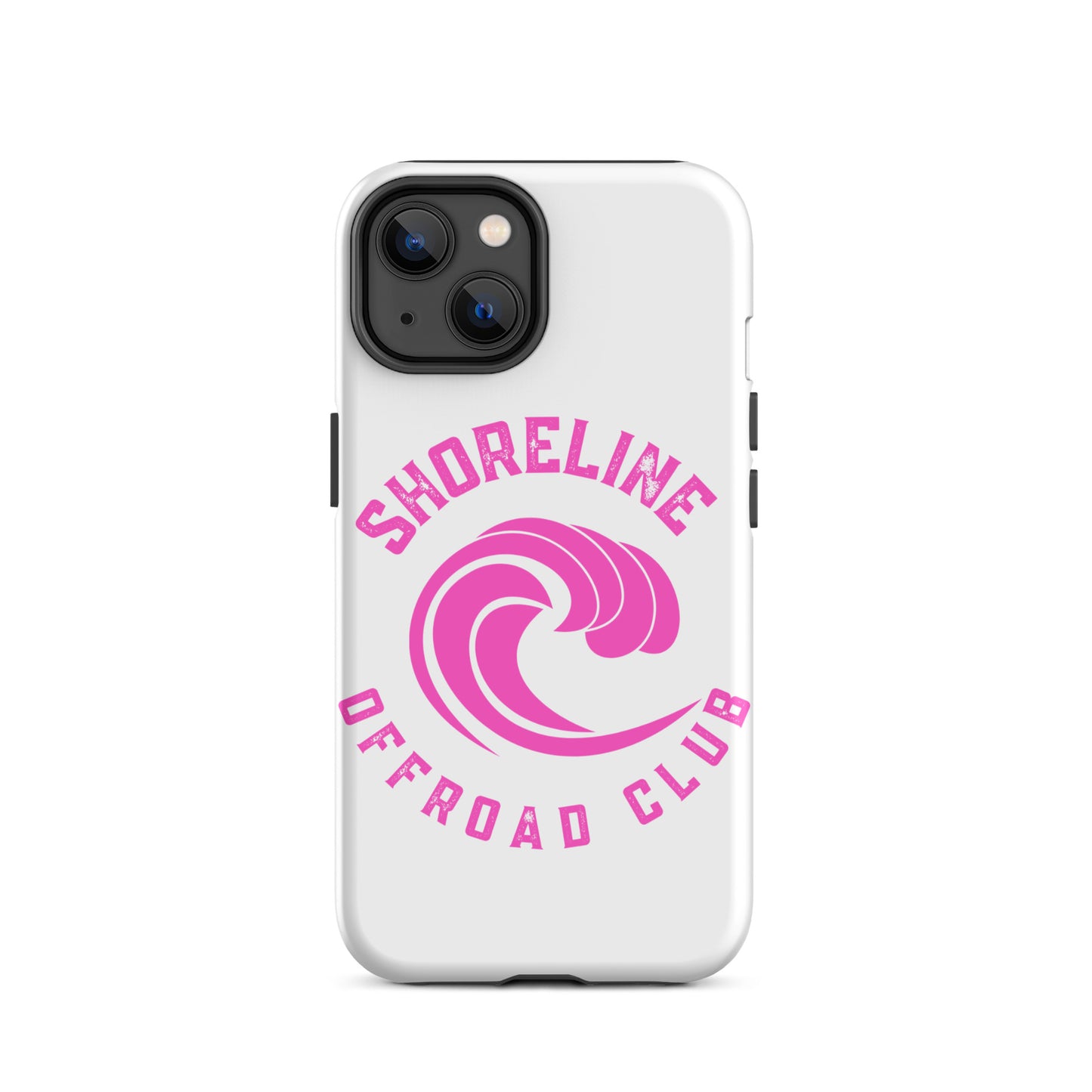 a white phone case with a pink logo