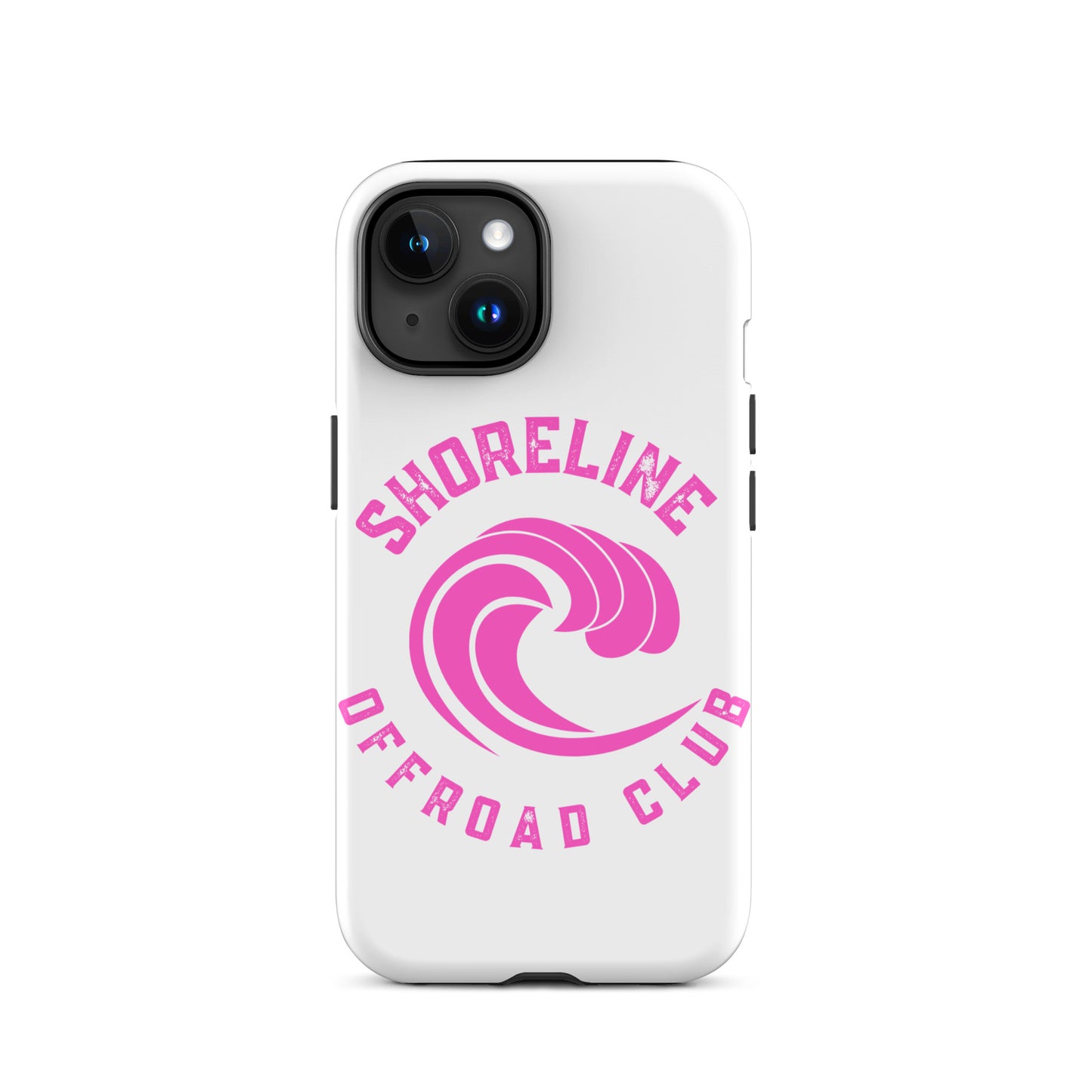 a white phone case with a pink logo