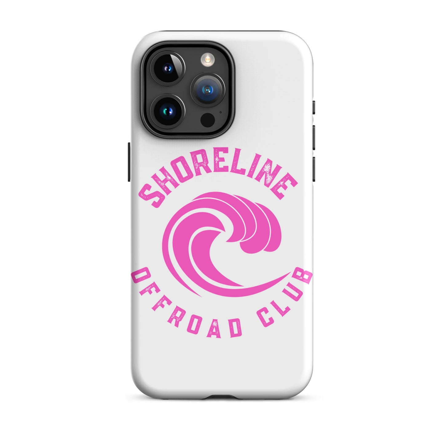 a white phone case with a pink logo