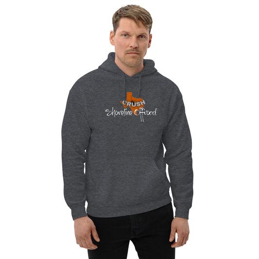 a man wearing a grey sweatshirt with a orange cross on it