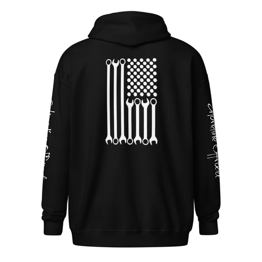 a black hoodie with an american flag on it