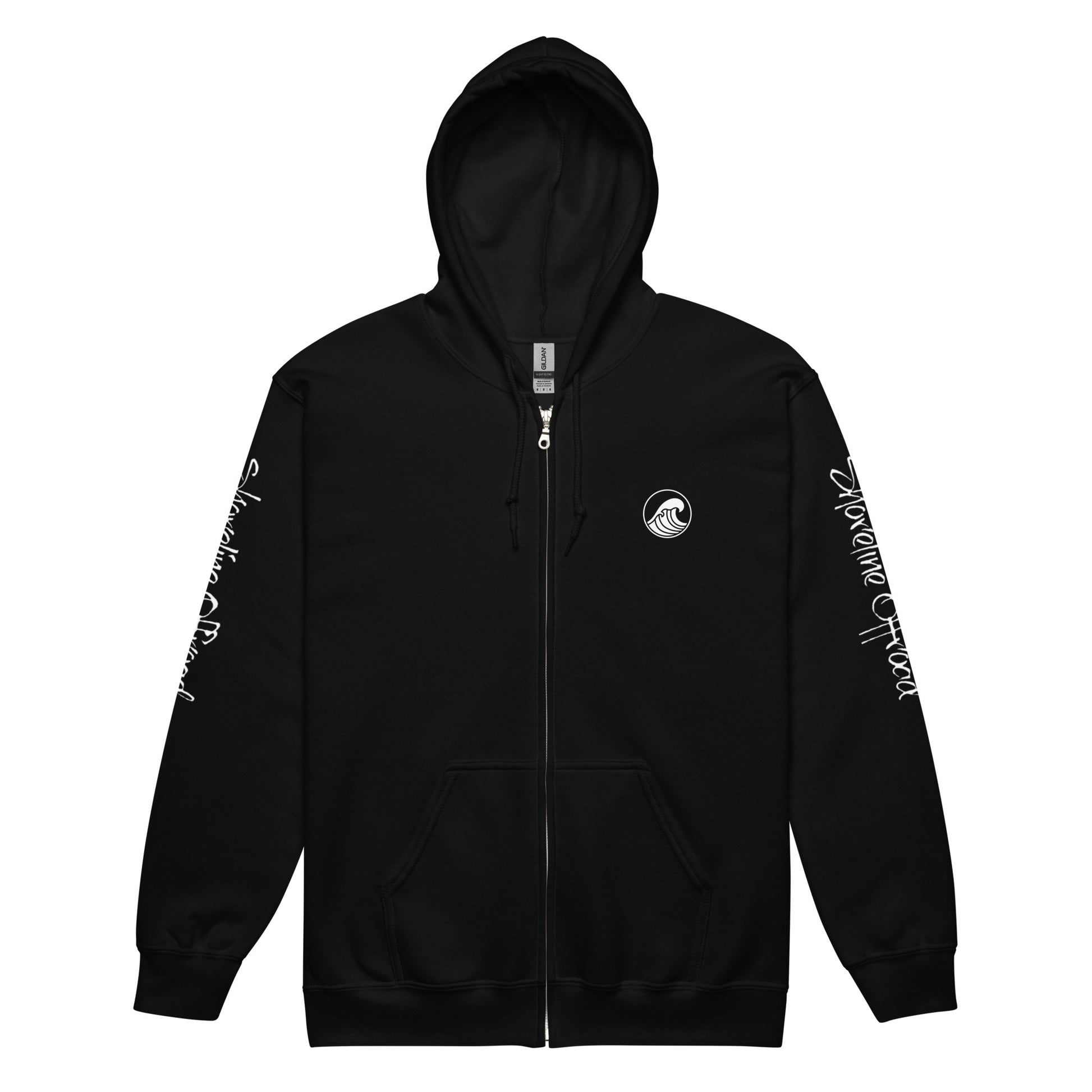 a black zip up hoodie with a white logo on it