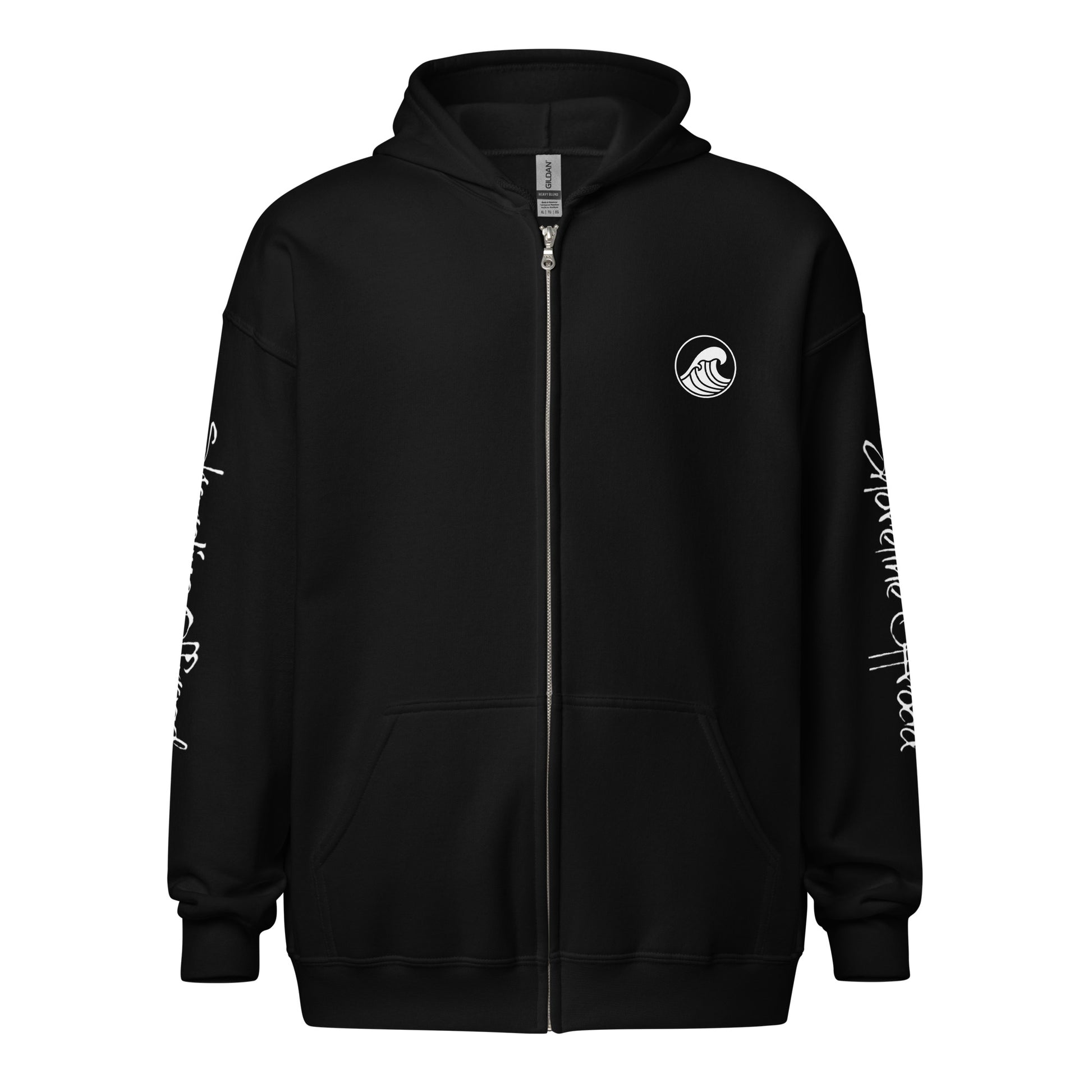 a black hoodie with a white logo on it