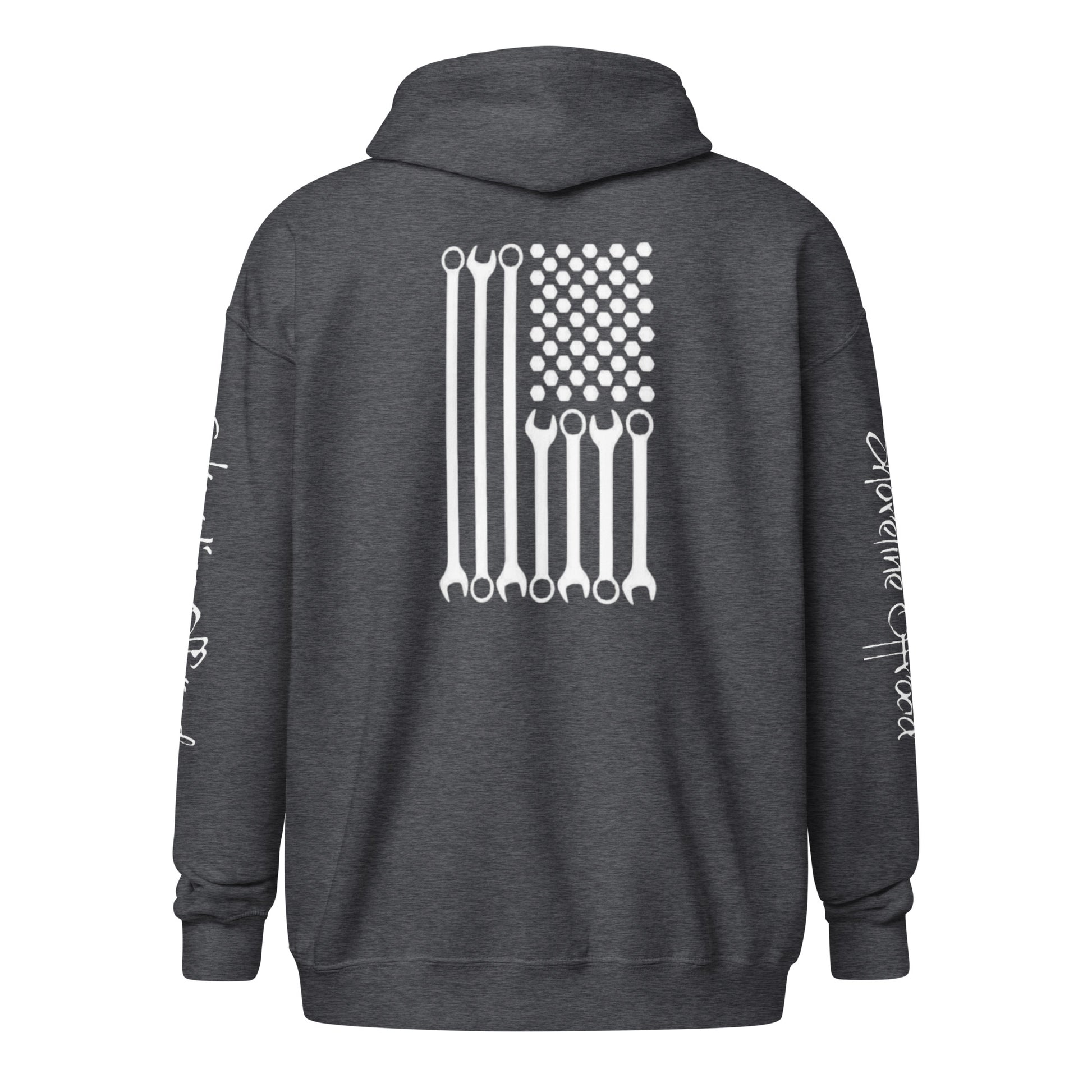 a gray hoodie with an american flag on it