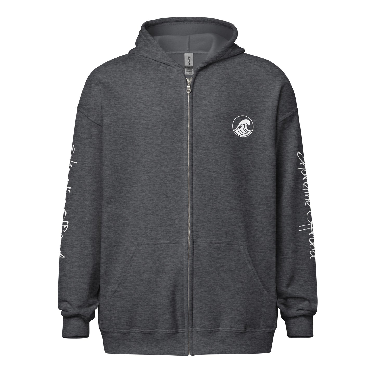 a dark grey hoodie with a white wave on it