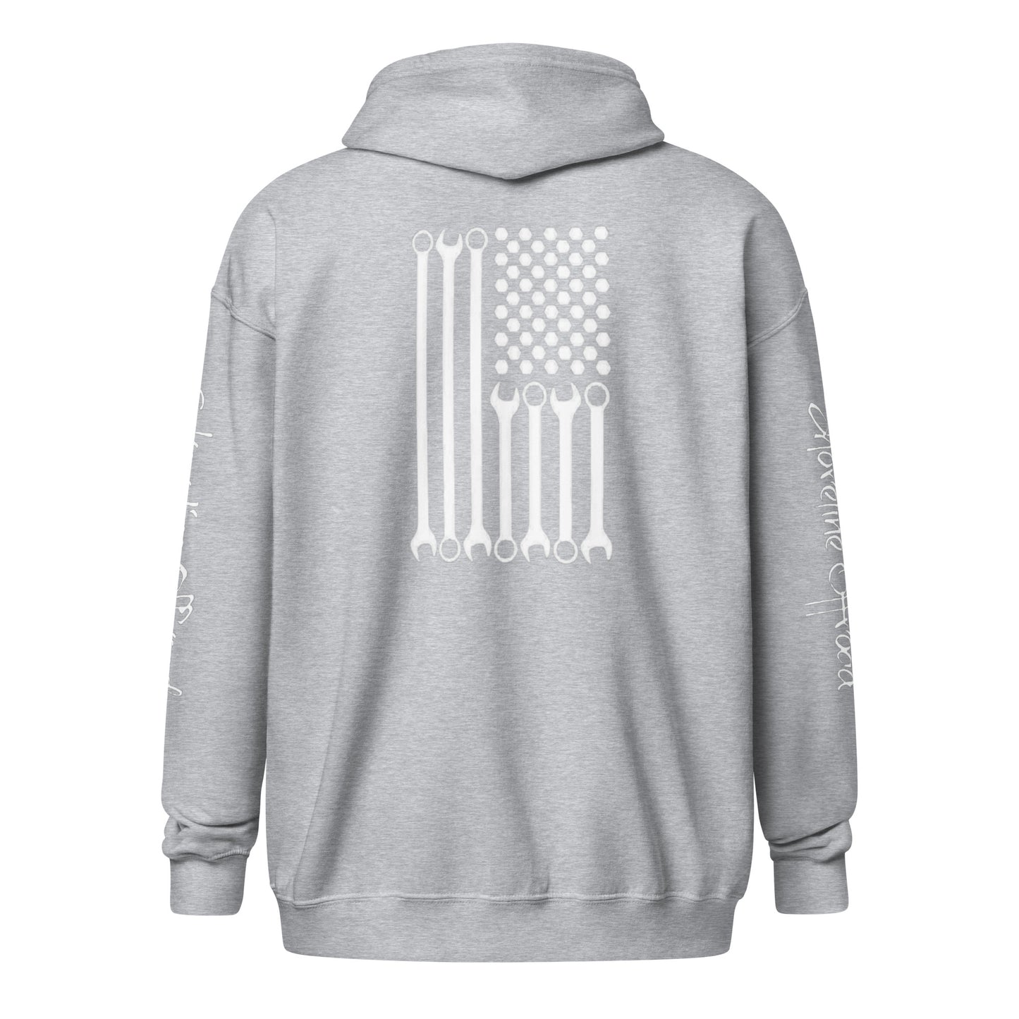 a grey hoodie with an american flag on it