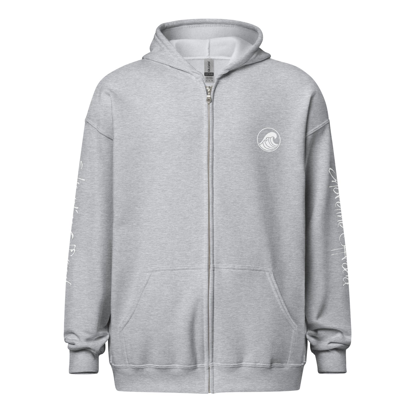 a grey sweatshirt with a white logo on the chest