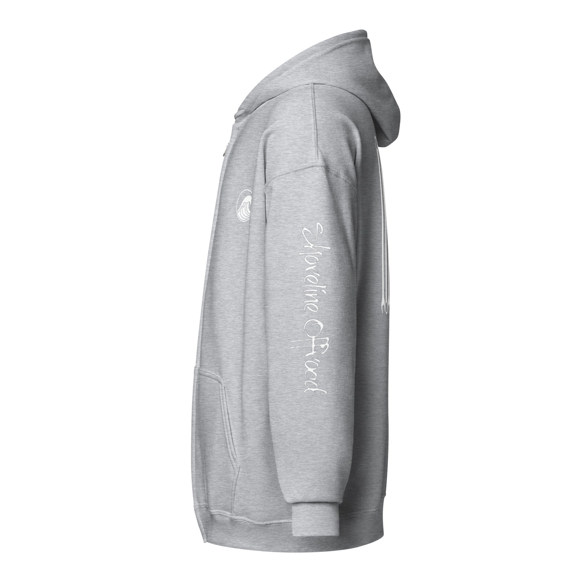 a grey hoodie with a white writing on it