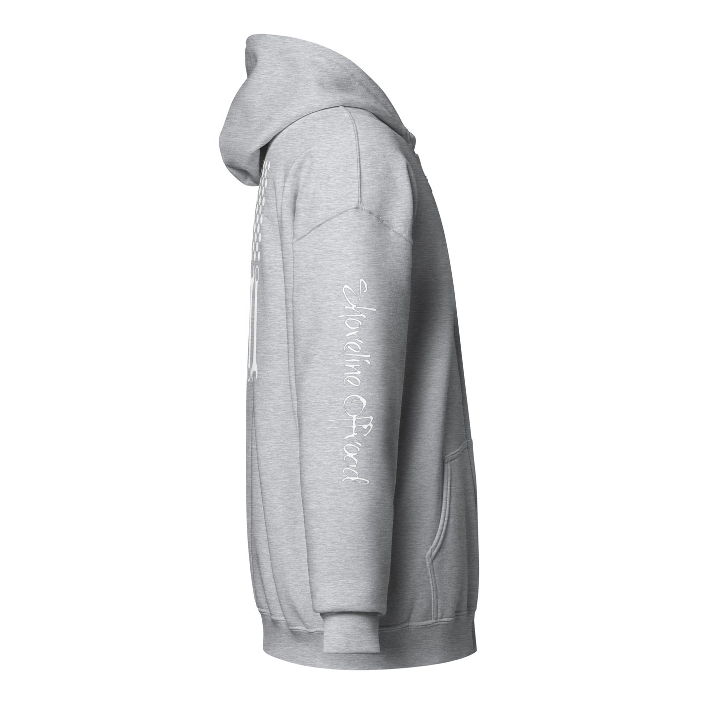 a grey sweatshirt with a white logo on it