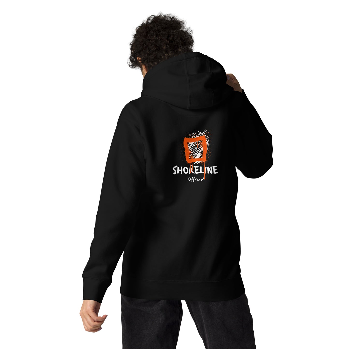 a man wearing a black hoodie with the words shoeline on it