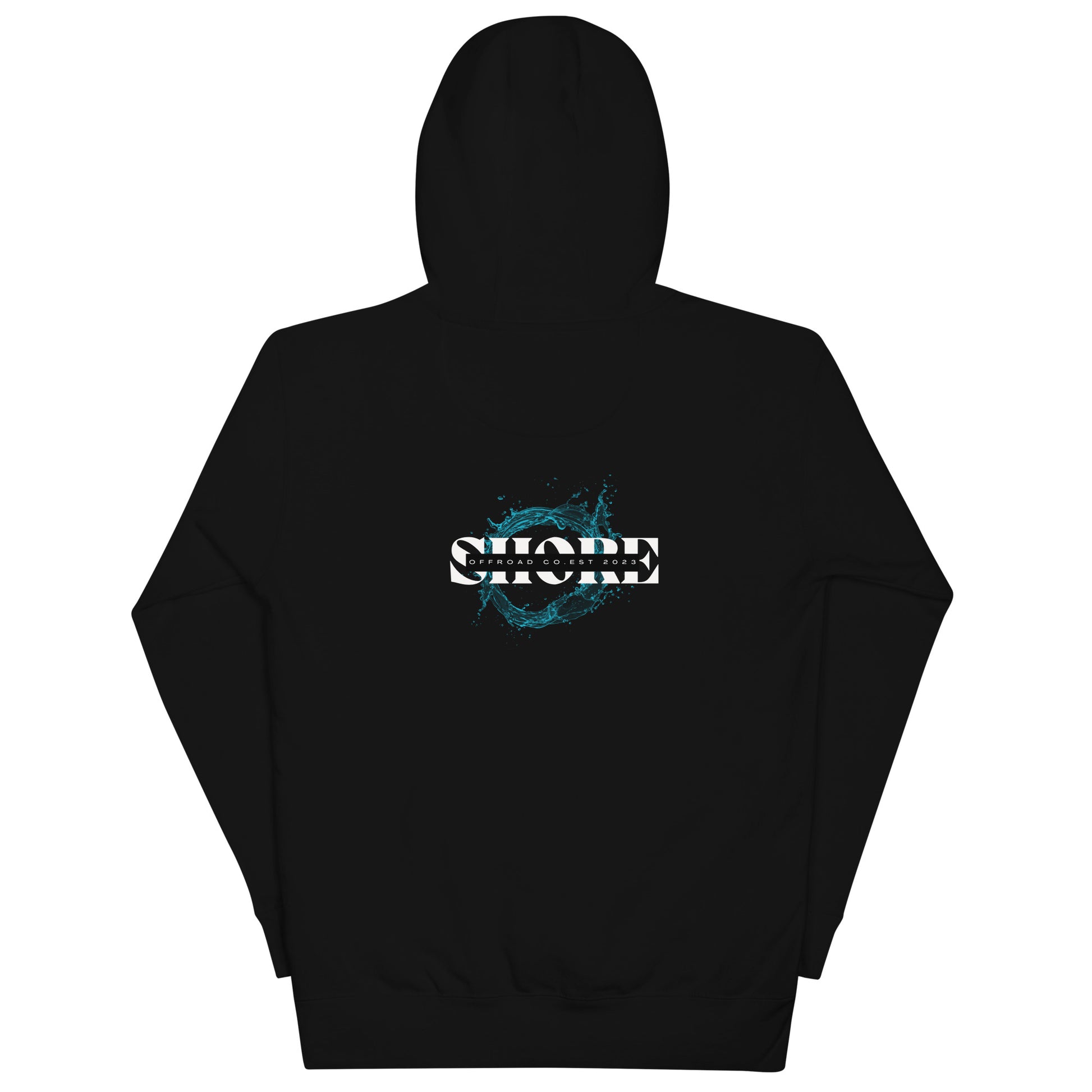 a black hoodie with a white and blue logo