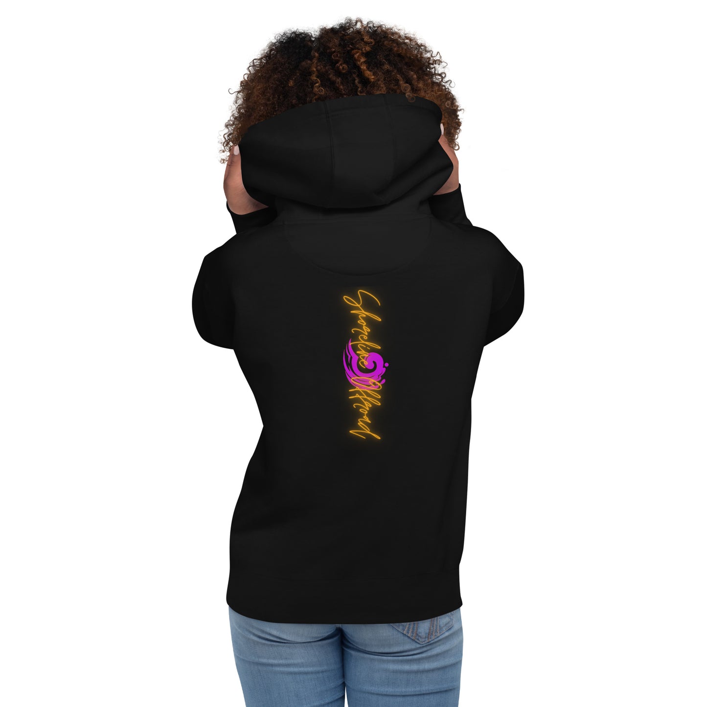 a woman wearing a black hoodie with the word love on it