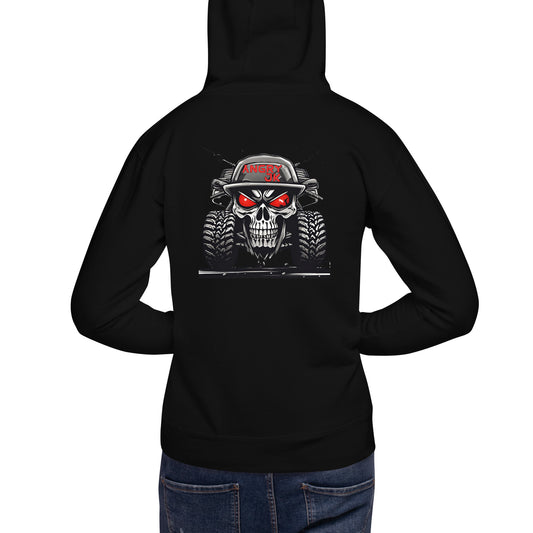 a woman wearing a black hoodie with a skull on it