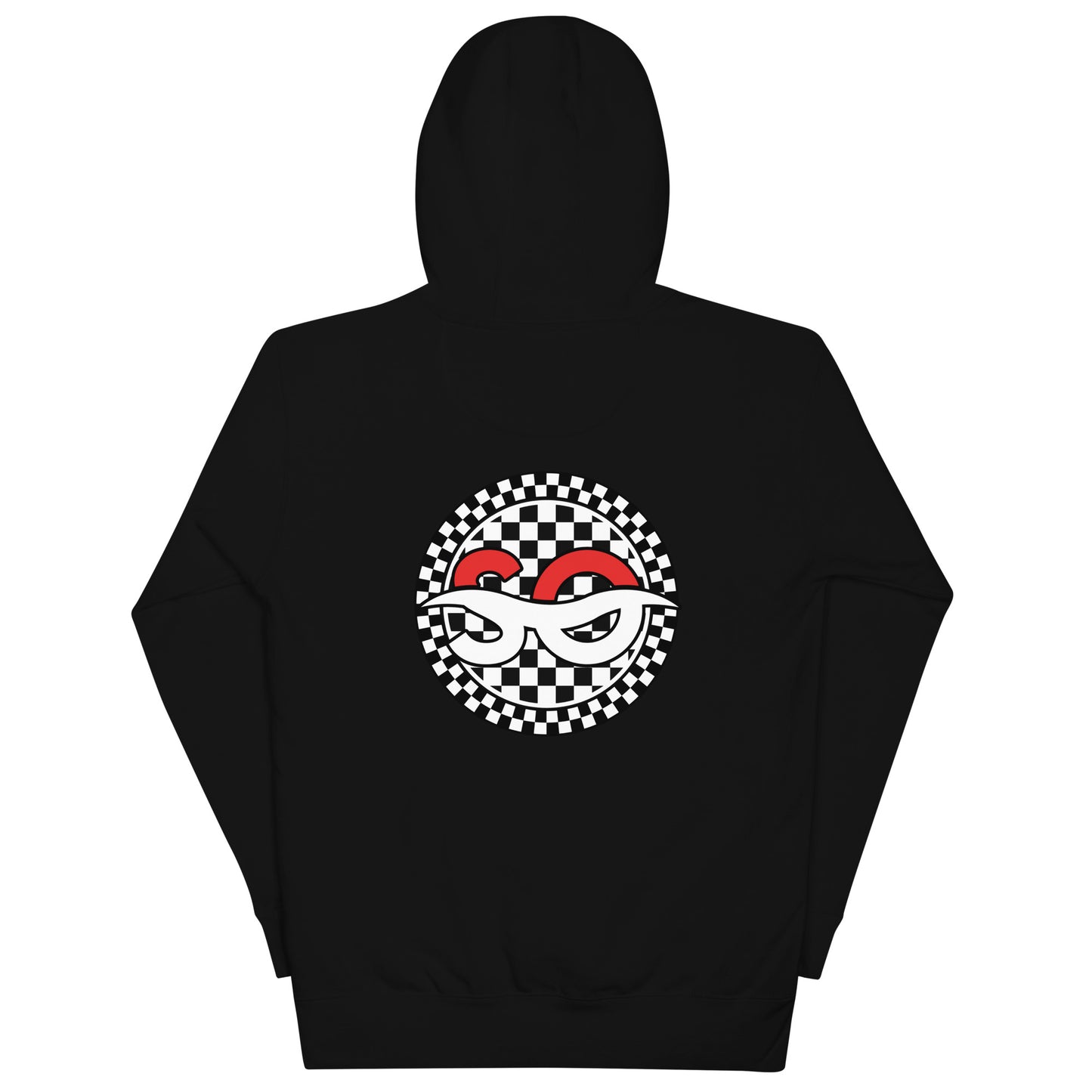 a black hoodie with a red and white checkered skull on it