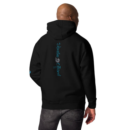 a man wearing a black hoodie with blue writing on it