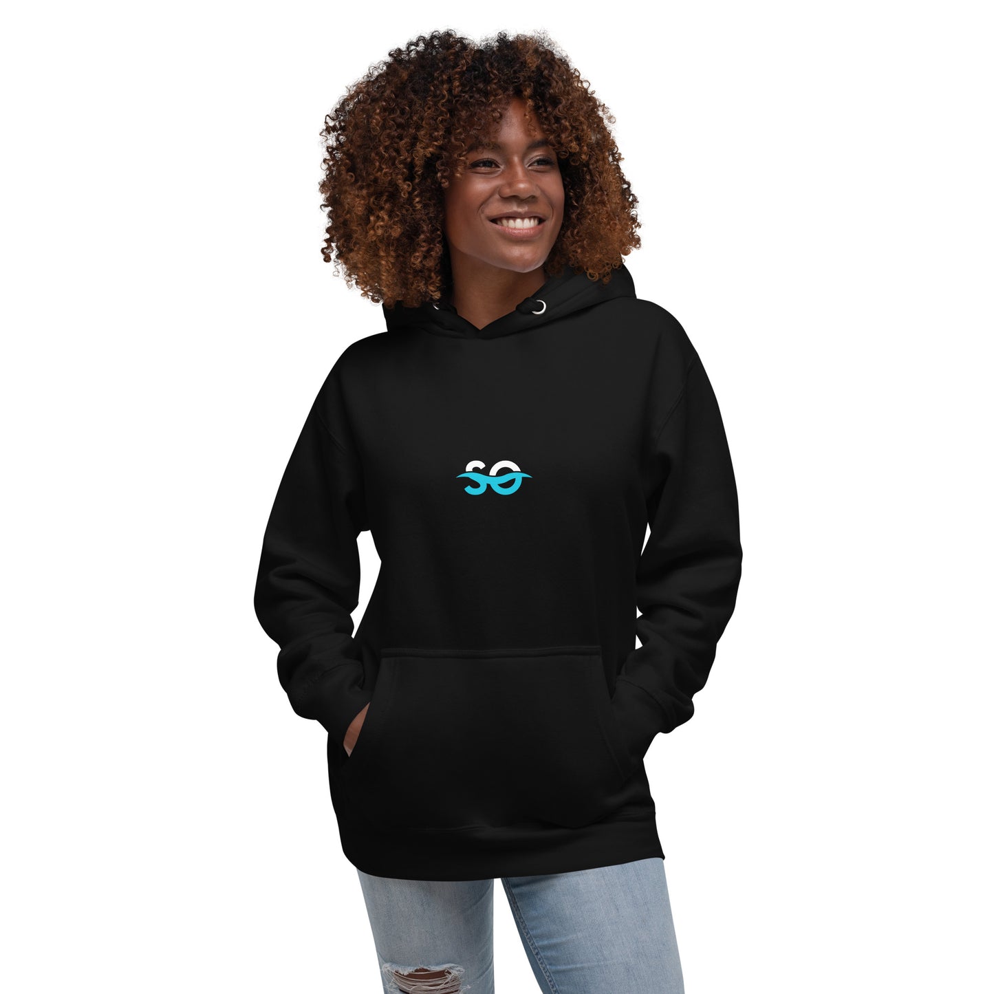 a woman wearing a black hoodie with a blue logo