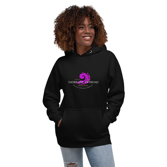 a woman wearing a black hoodie with a purple logo