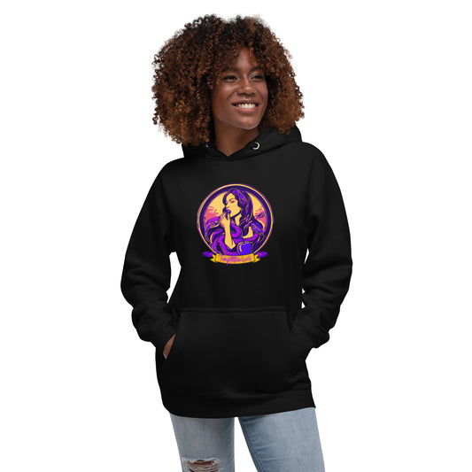 a woman wearing a black hoodie with an image of a mermaid on it