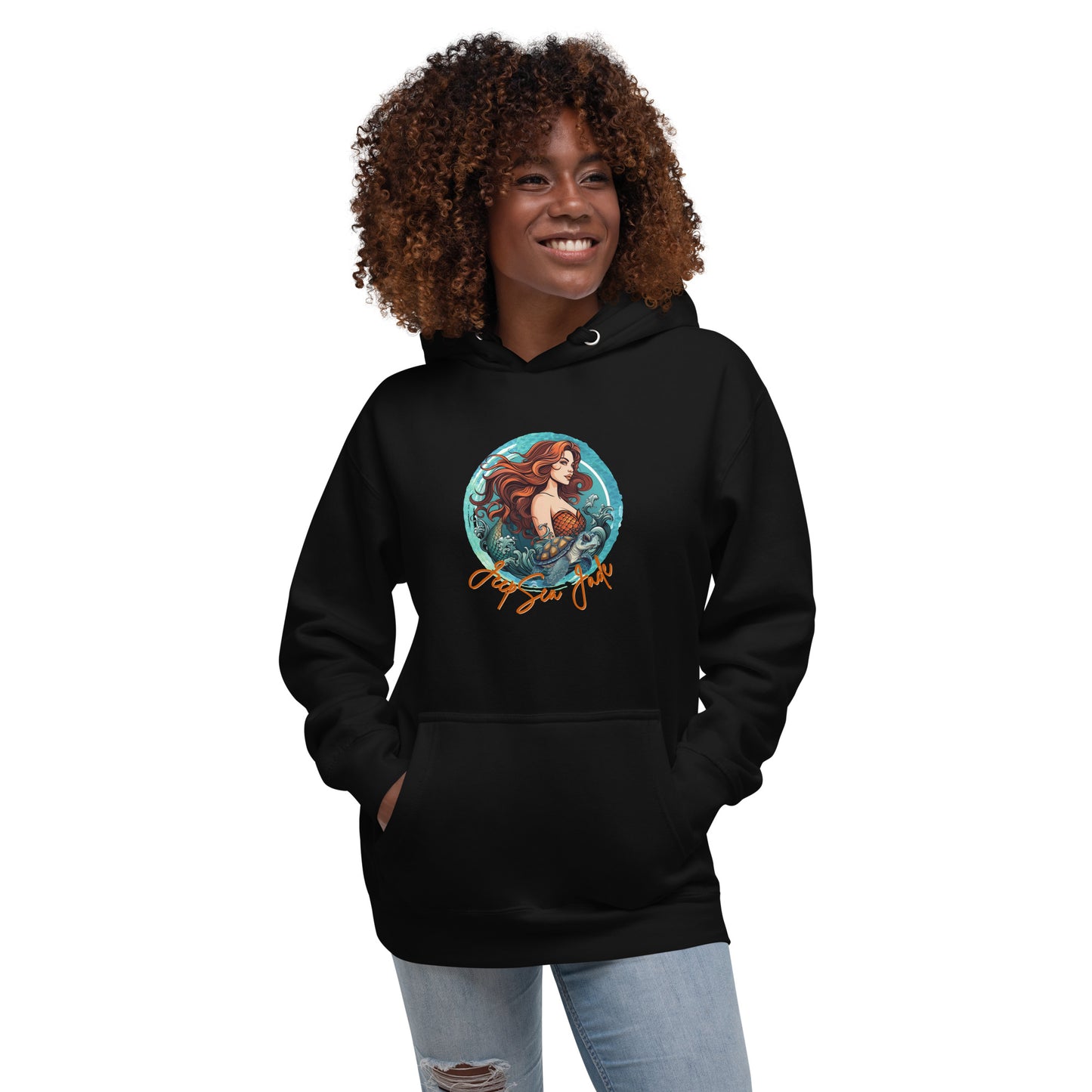 a woman wearing a black hoodie with a picture of a mermaid on it