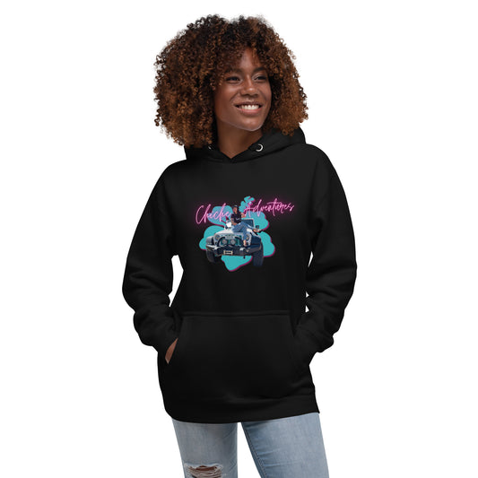 a woman wearing a black hoodie with a pink and blue design on it