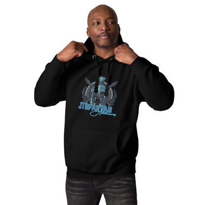 a man wearing a black hoodie with a blue design on it