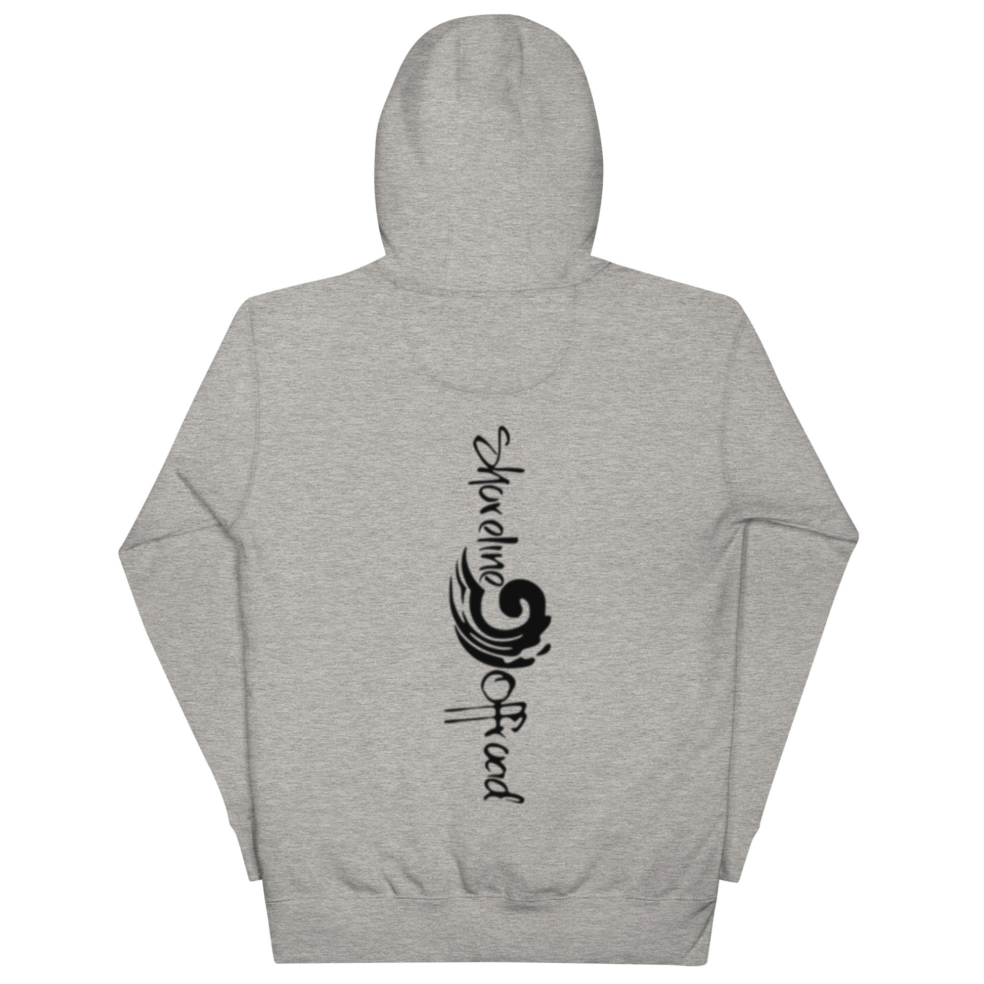 a grey hoodie with a black and white design on it
