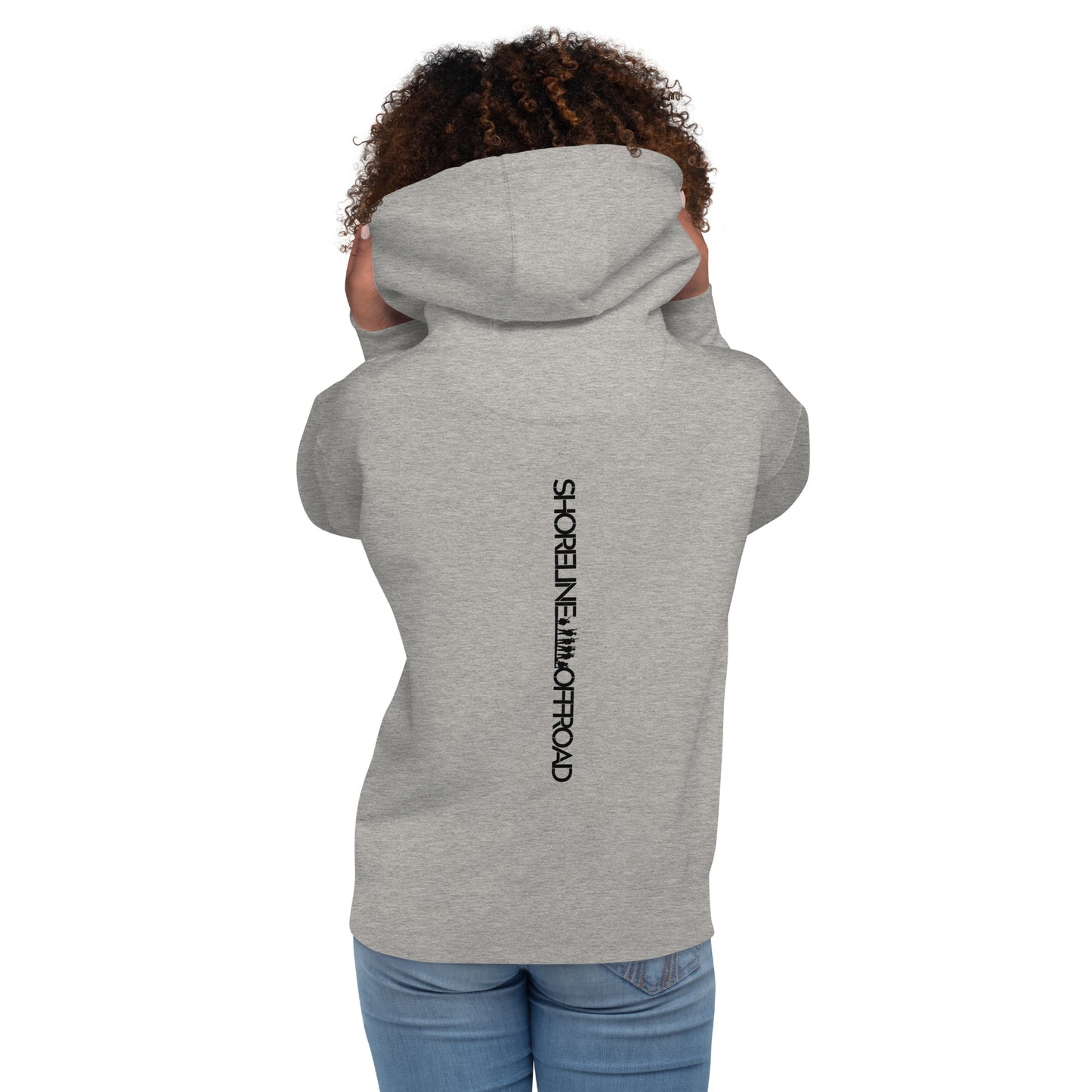 the back of a woman's hoodie sweatshirt with a black and white logo