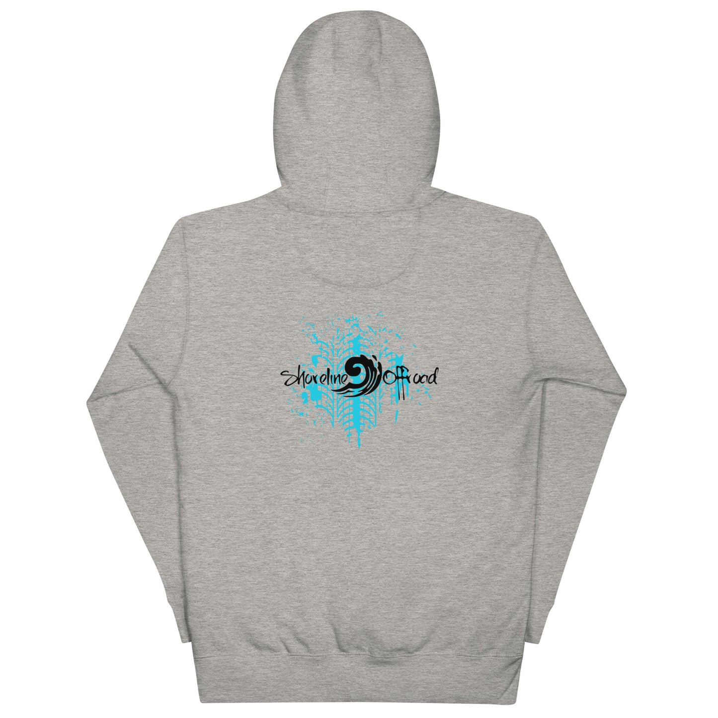 a grey hoodie with a blue and black design on it