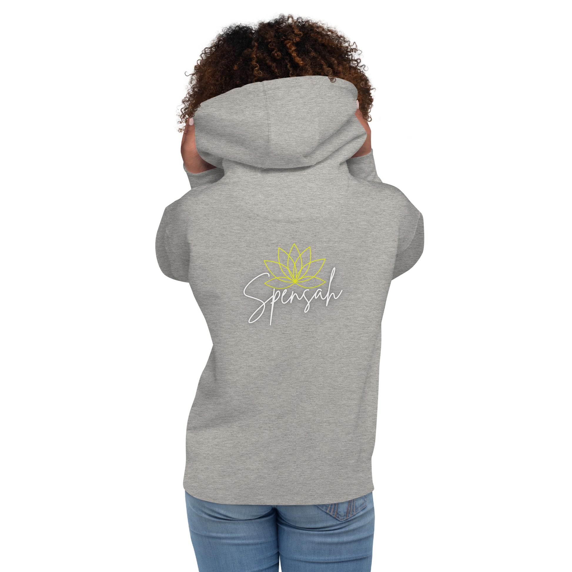 the back of a woman's hoodie with a sun on it