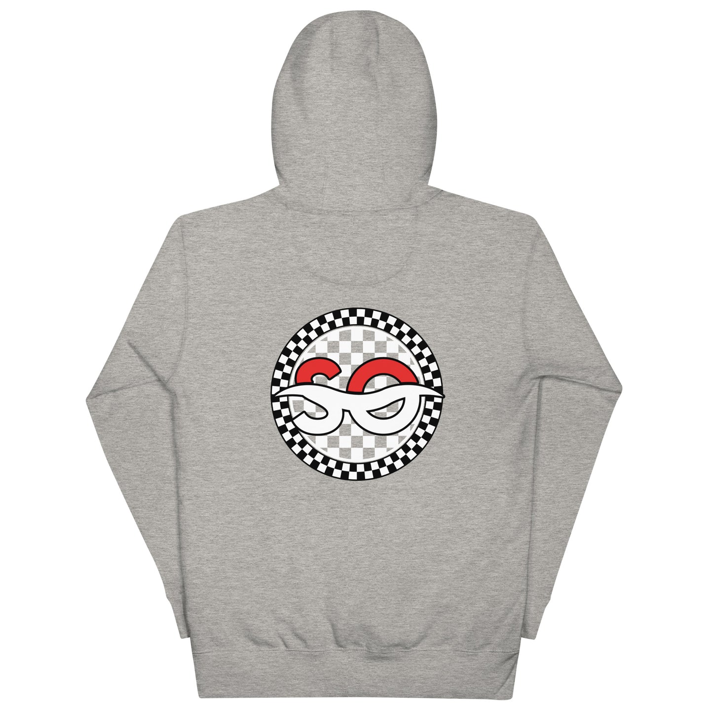 a grey hoodie with a checkered design on it