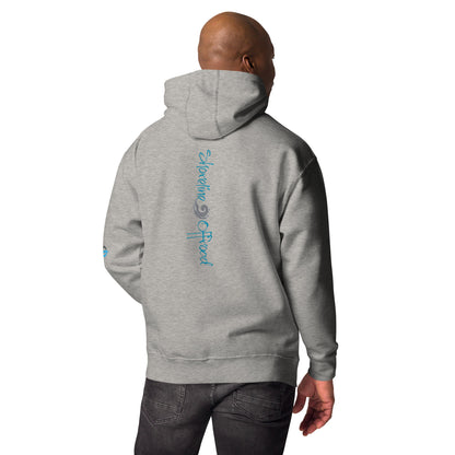 a man wearing a grey hoodie with blue writing on it