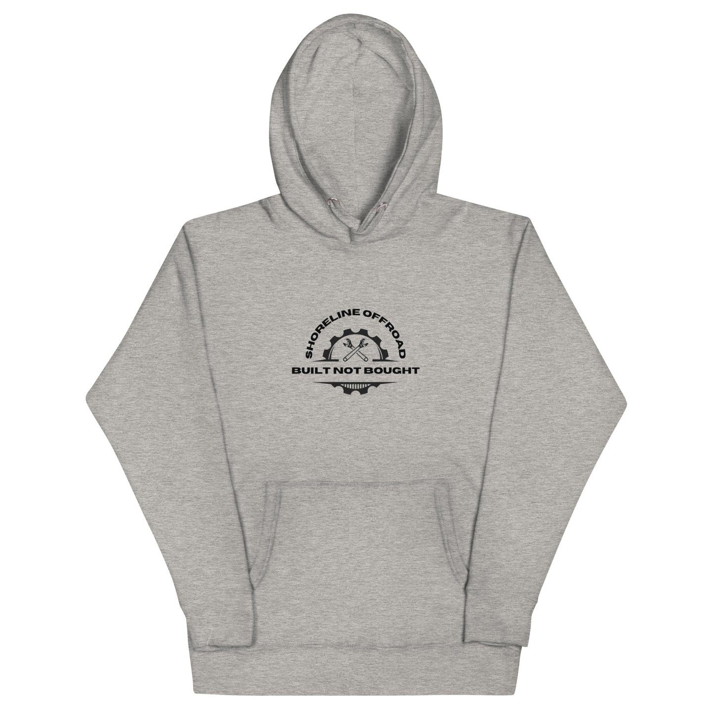 a grey hoodie with a black and white logo