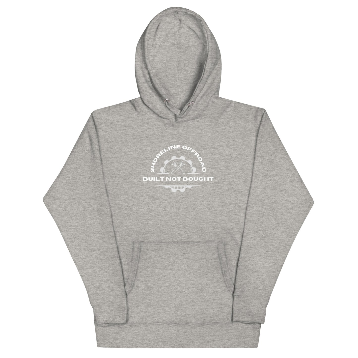 a grey hoodie with a white logo on it