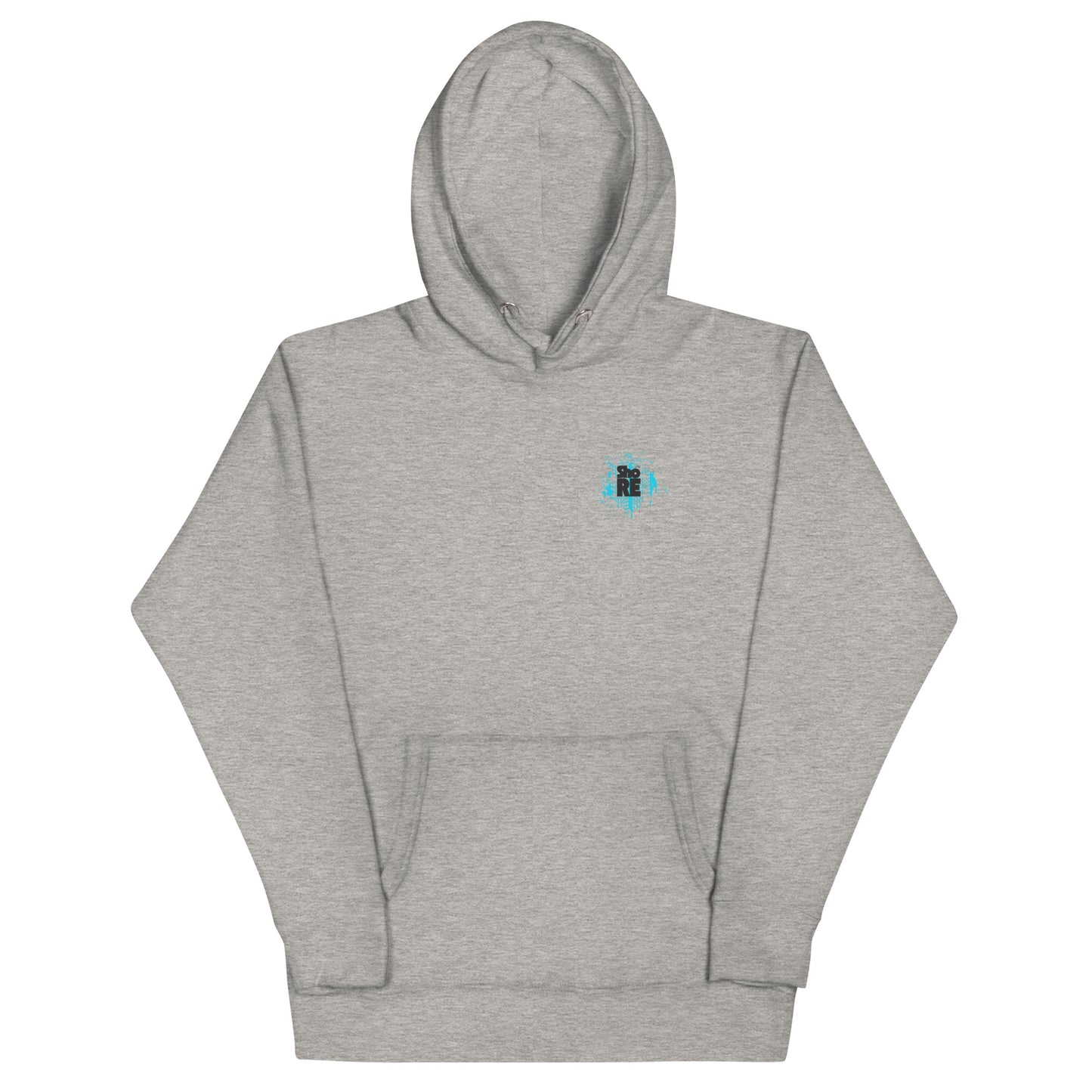 a grey hoodie with a blue logo on it