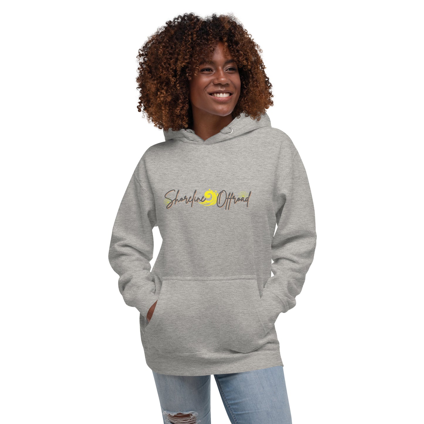 a woman wearing a grey hoodie with the words sunshine on it