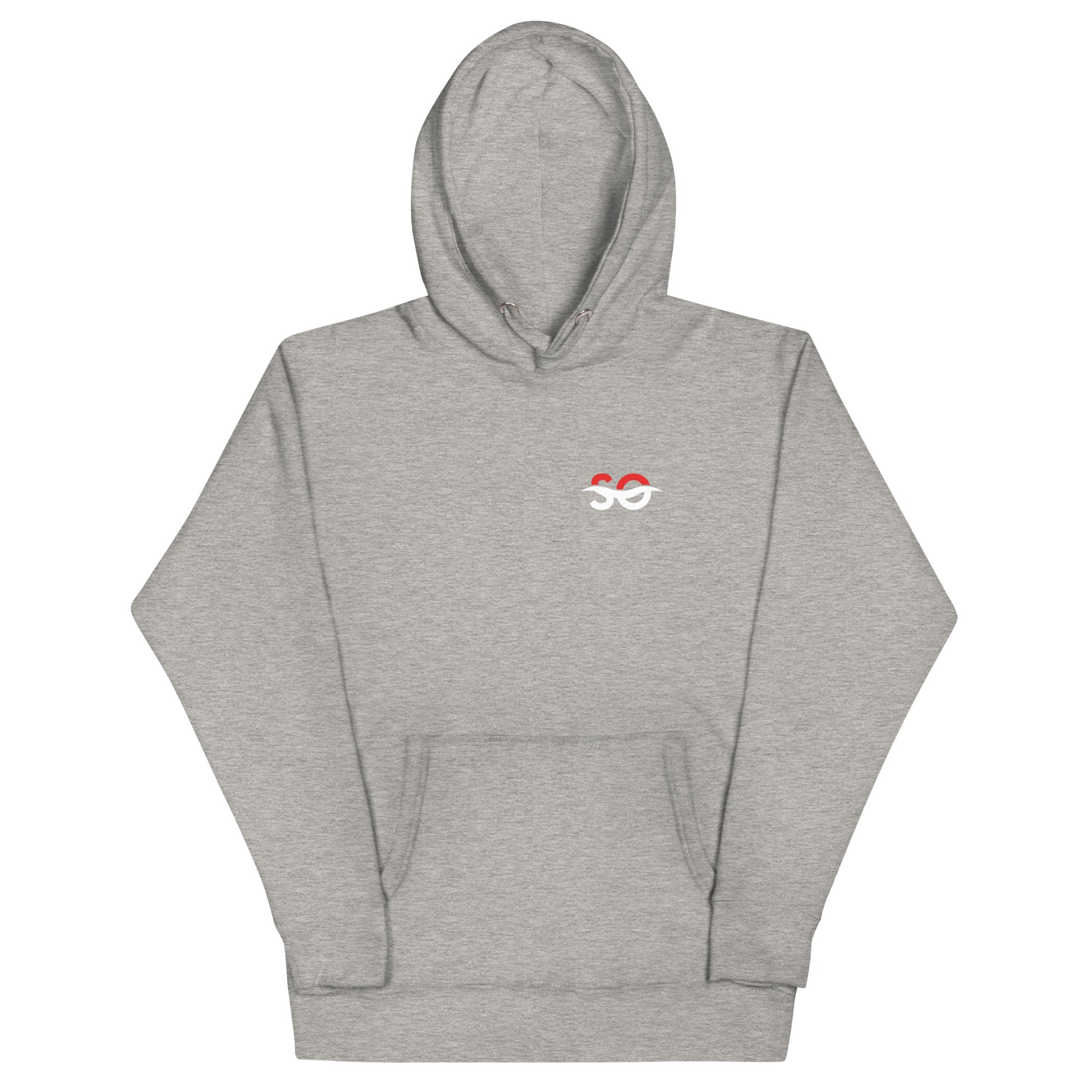 a grey sweatshirt with a red and white logo on it