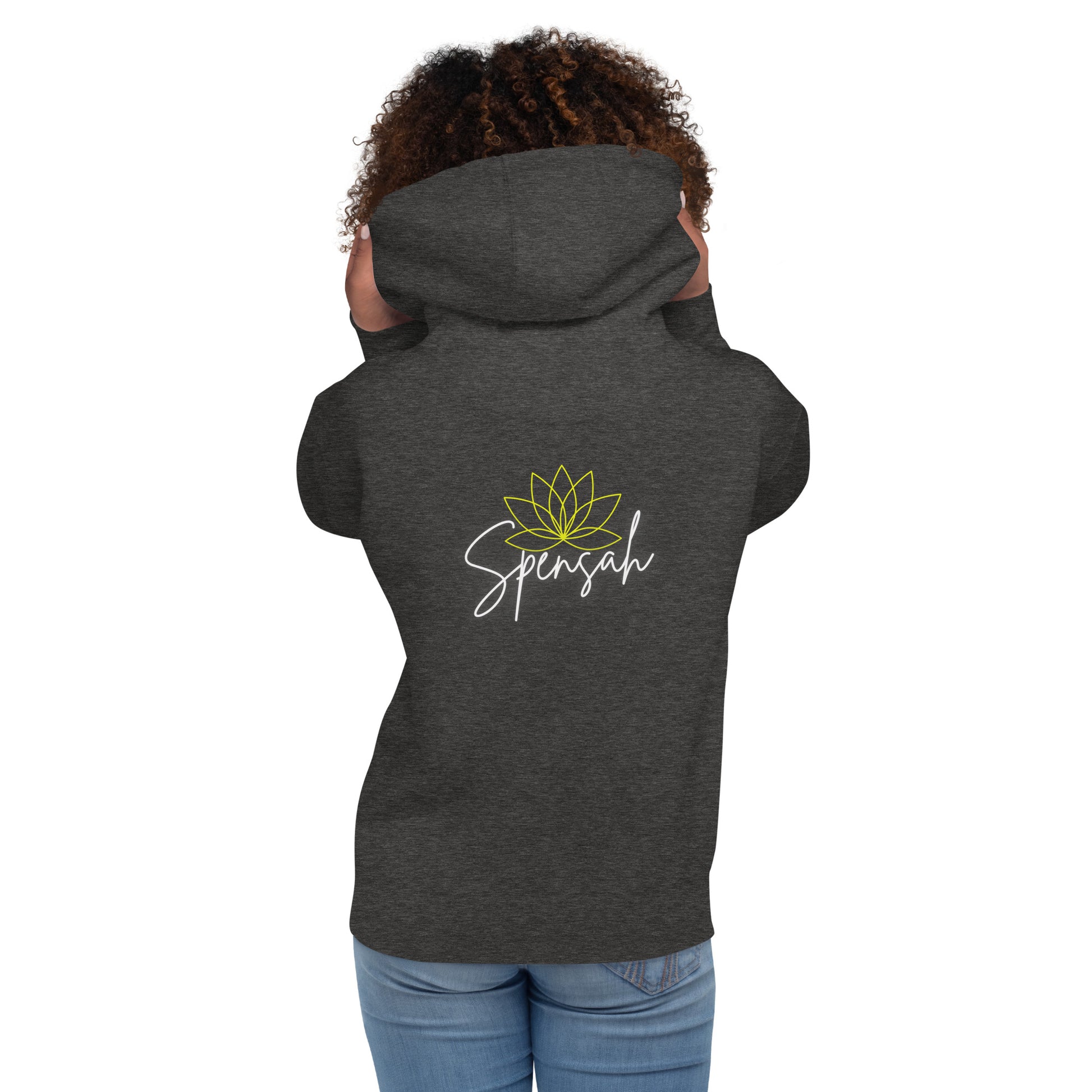 a woman wearing a hoodie with the words sprouty on it