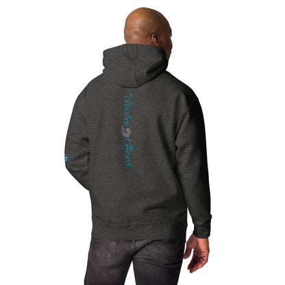 a man wearing a black hoodie with blue writing on it