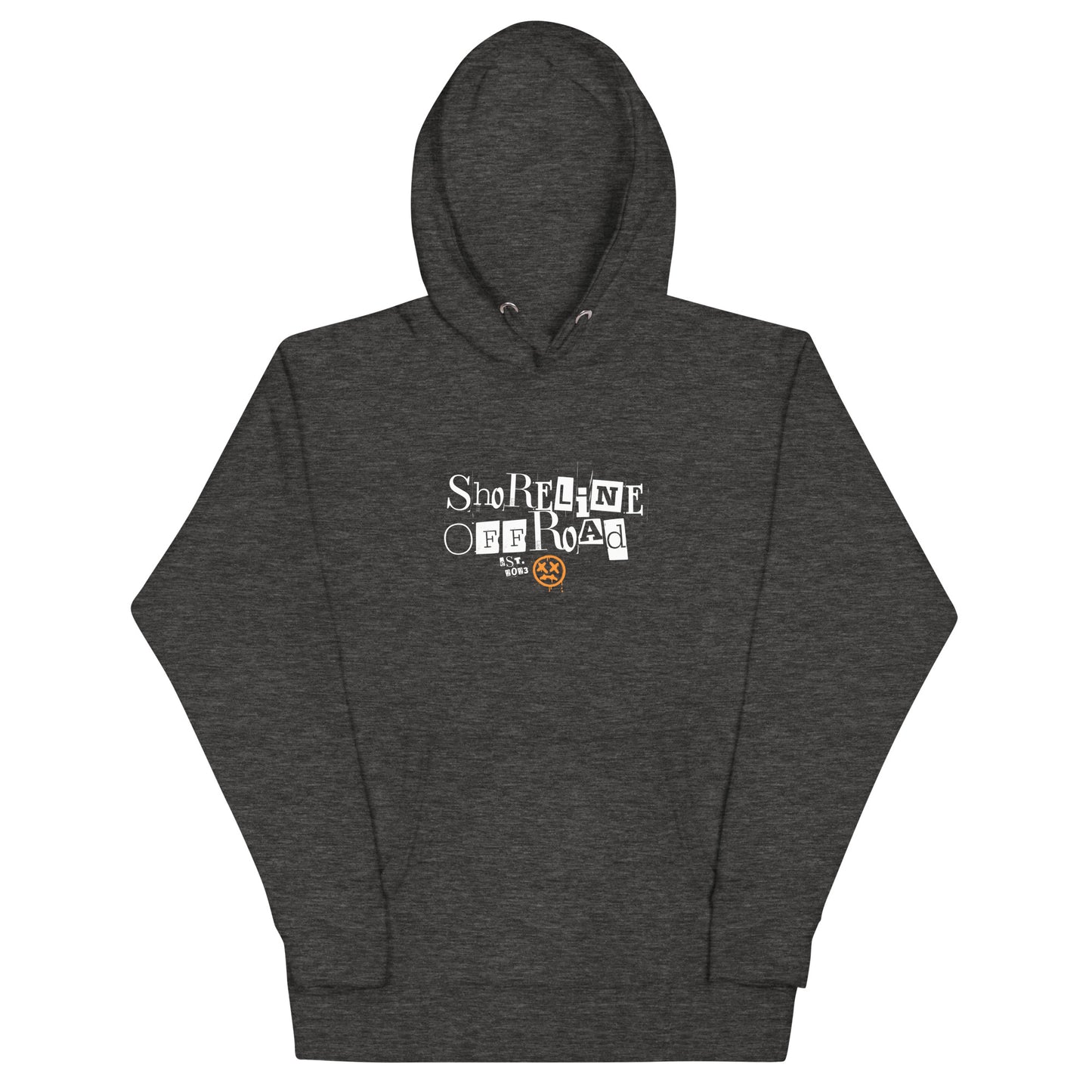 a dark hoodie with a white and orange logo on it