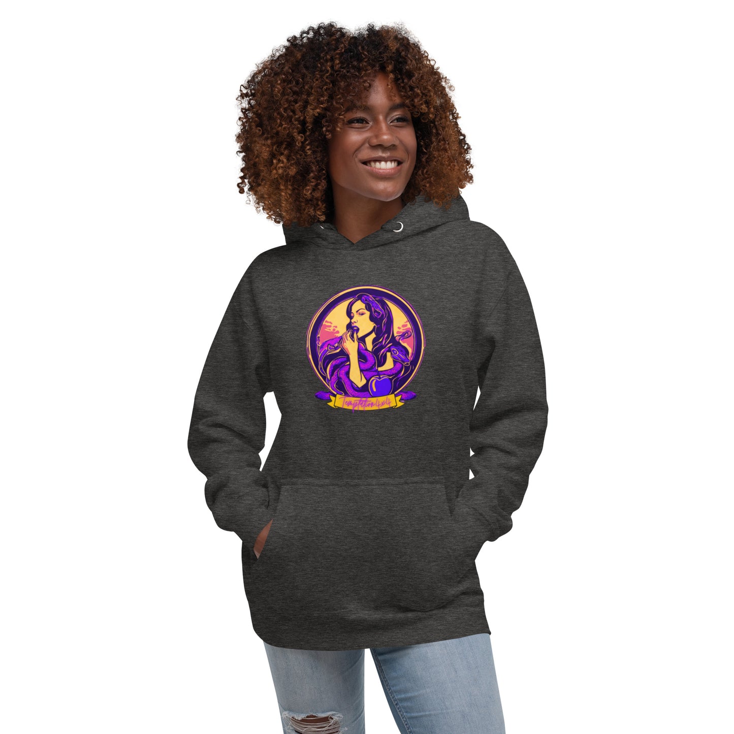 a woman wearing a black hoodie with a picture of a mermaid on it