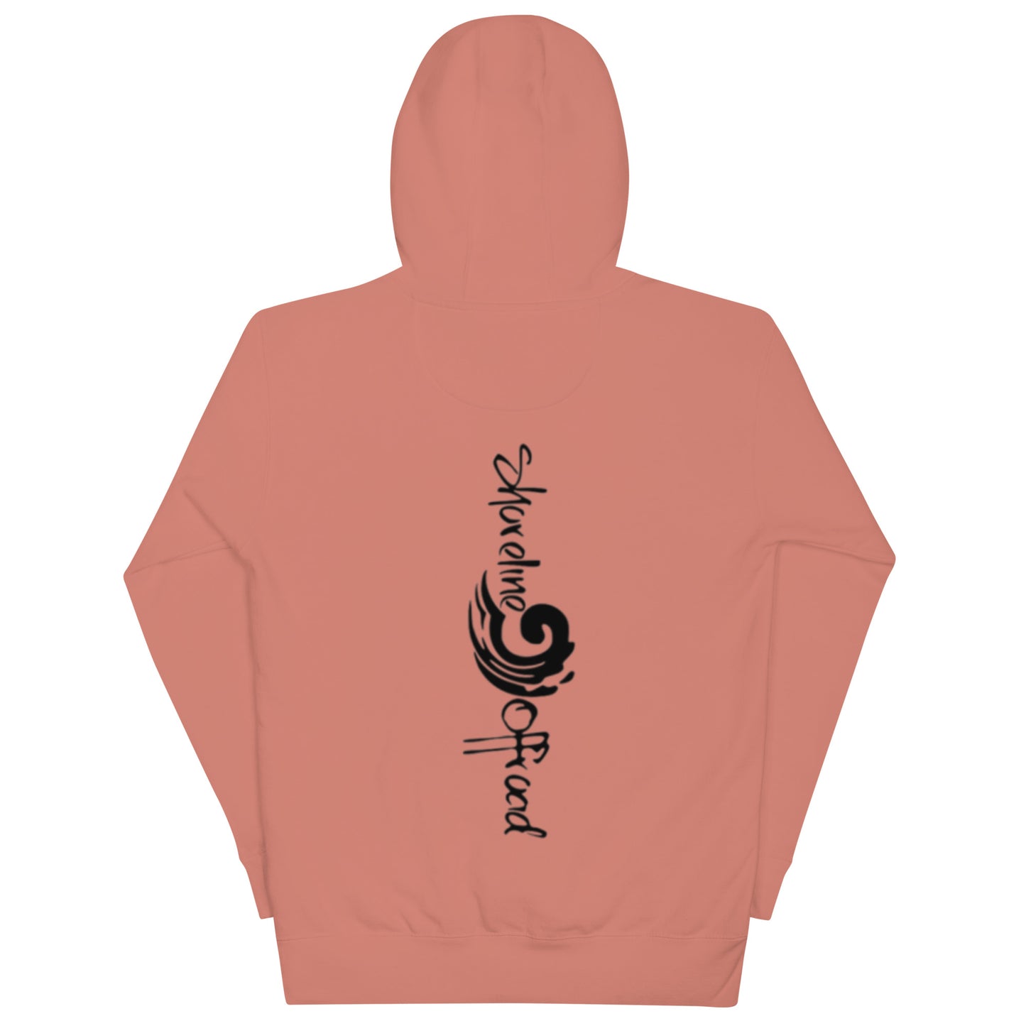 a pink hoodie with a black logo on it