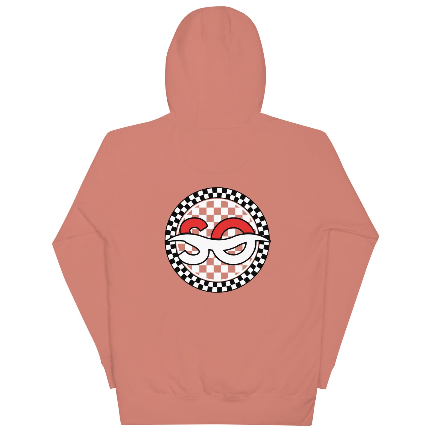 a pink hoodie with a checkered design on it