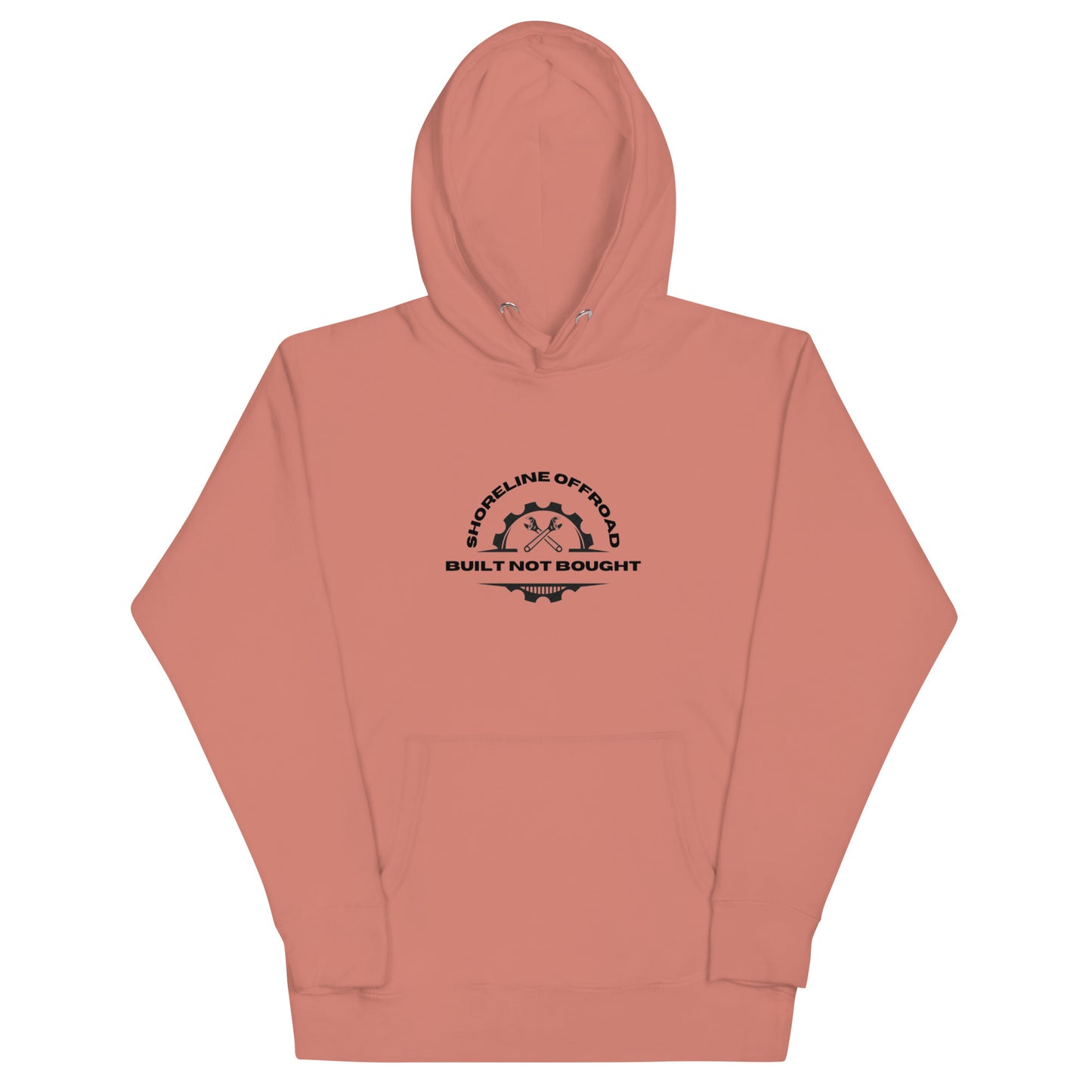 a pink hoodie with a black logo on it