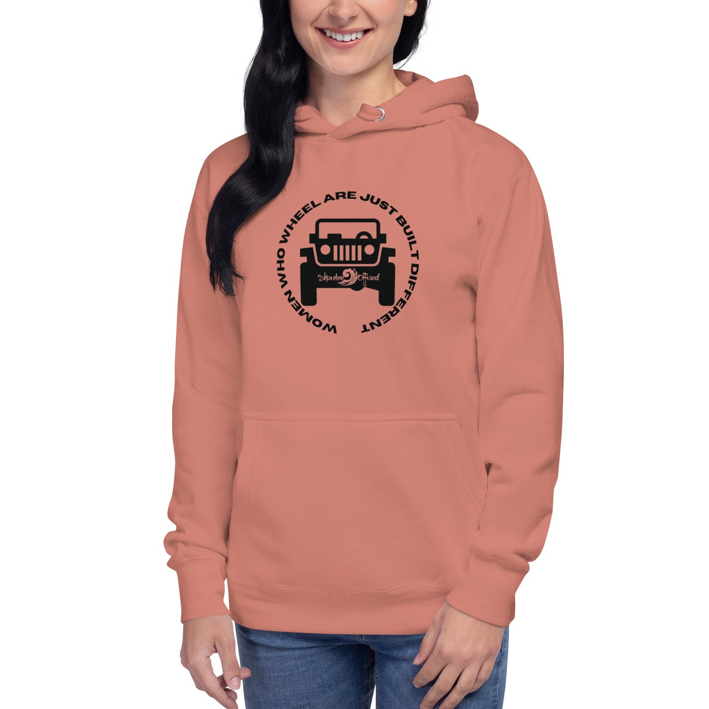 a woman wearing a pink hoodie with a jeep on it
