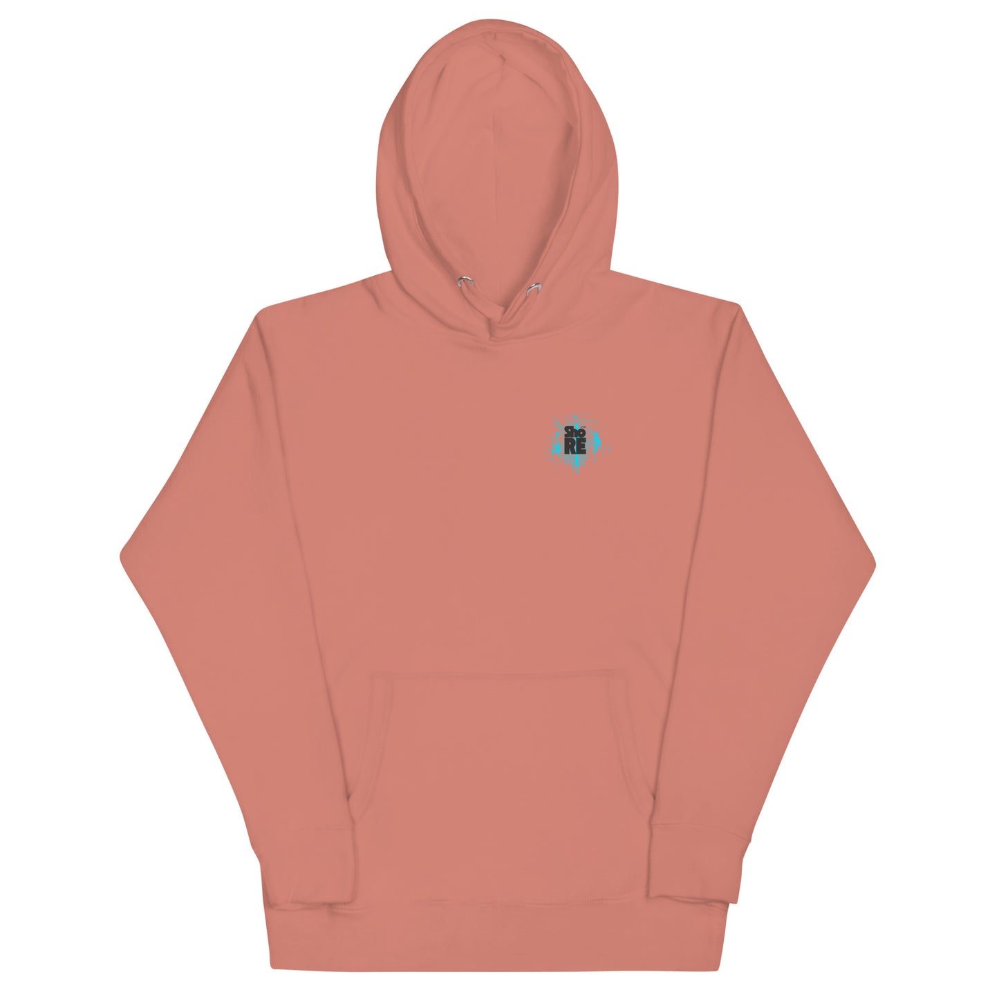 a pink hoodie with a blue logo on it