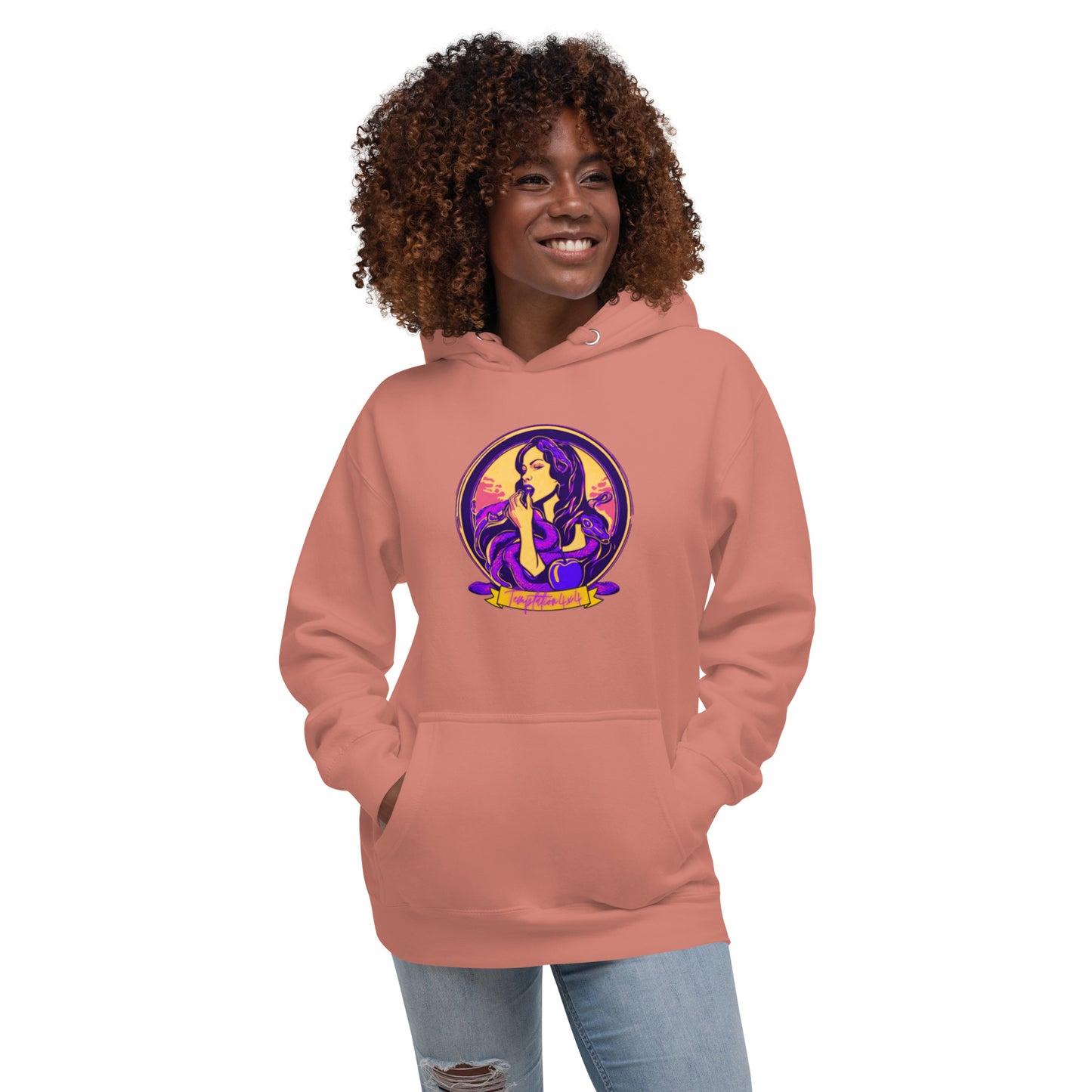 a woman wearing a pink hoodie with an image of a woman's face