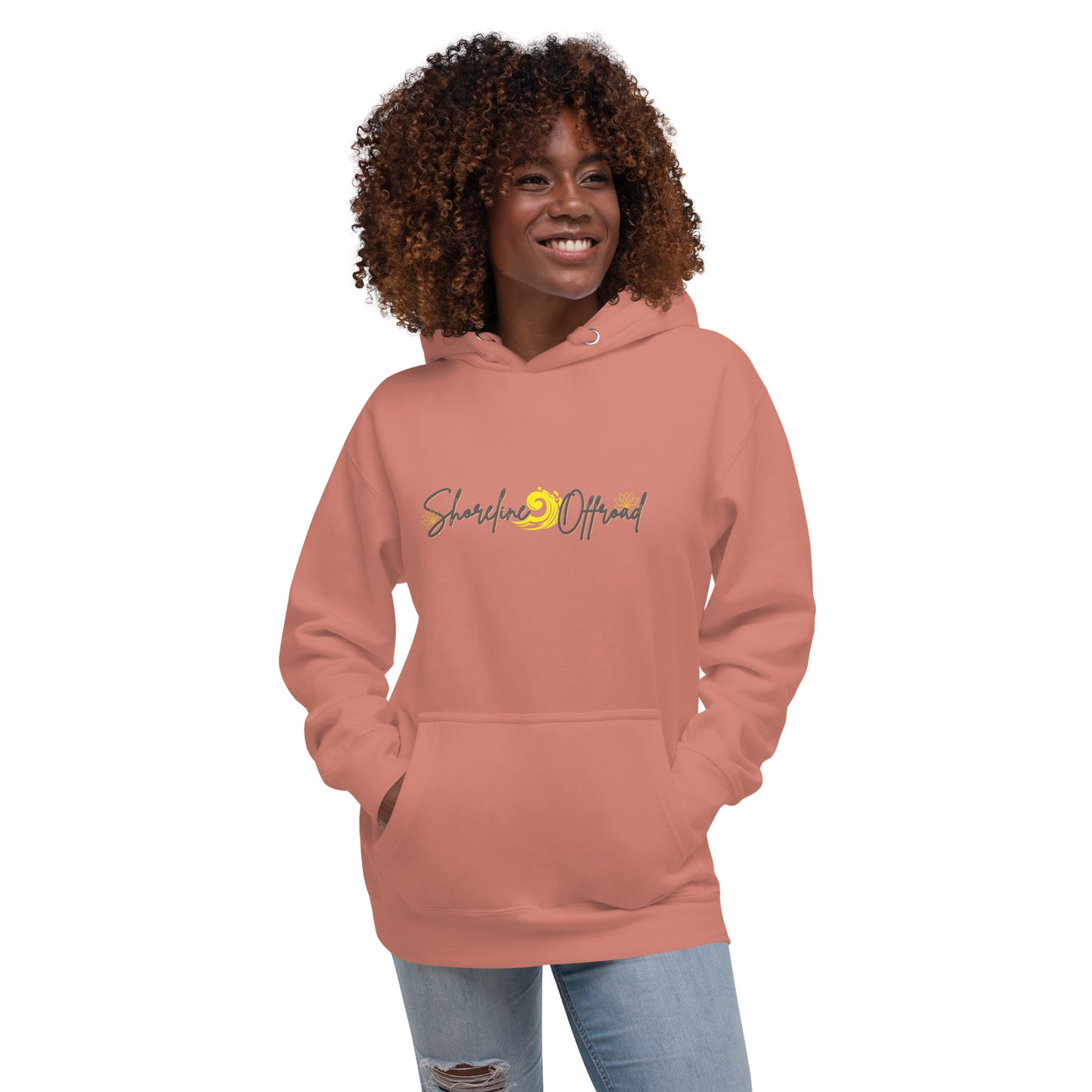 a woman wearing a pink hoodie with the words sunshine on it