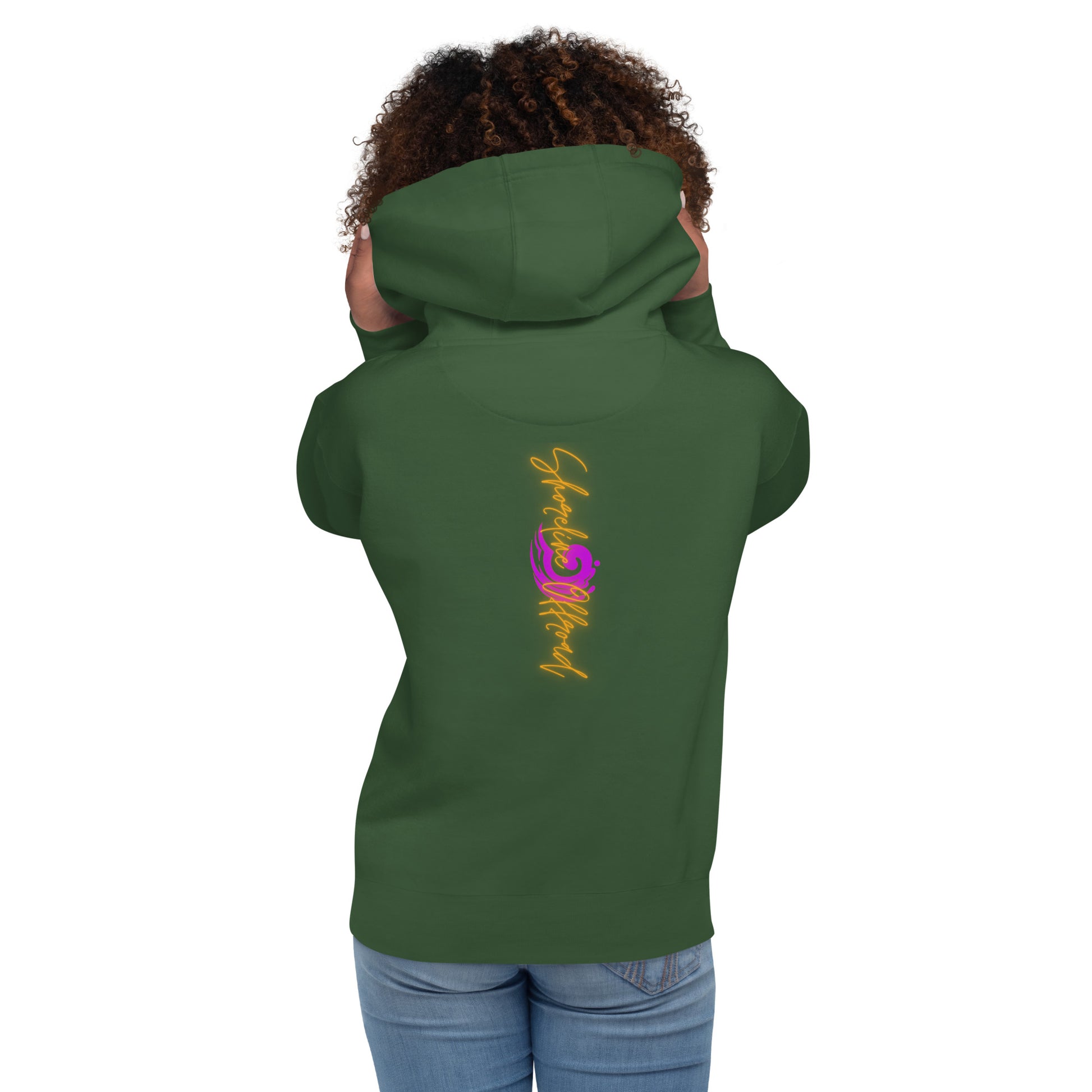 a woman wearing a green hoodie with a dragon on it