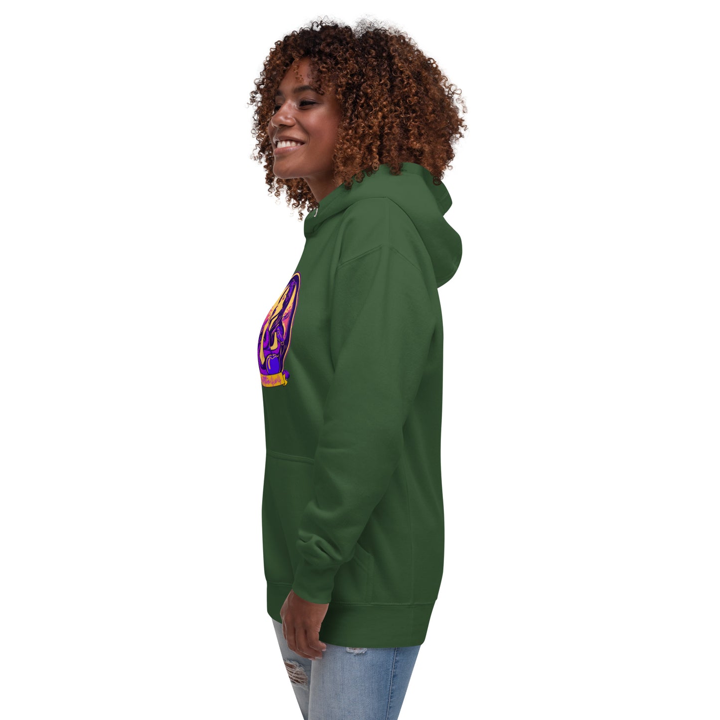 a woman wearing a green hoodie with a purple and yellow design on it